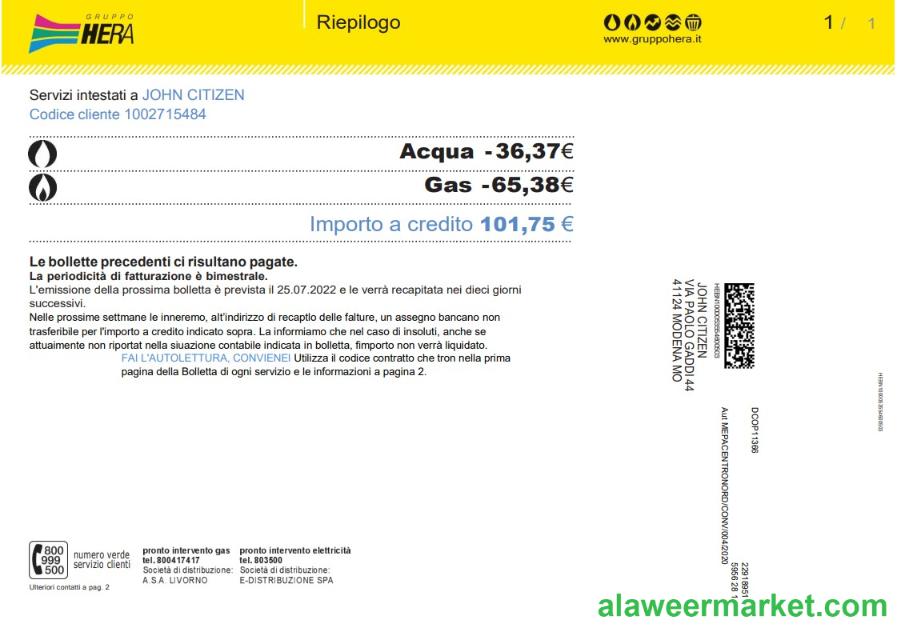Italy Gruppo Hera utility bill, Word and PDF template